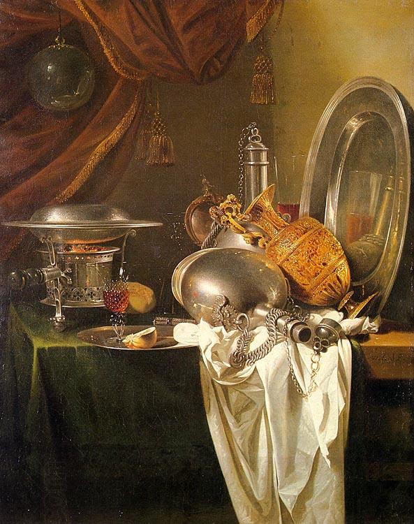 Willem Kalf Still Life with Chafing Dish, Pewter, Gold, Silver and Glassware